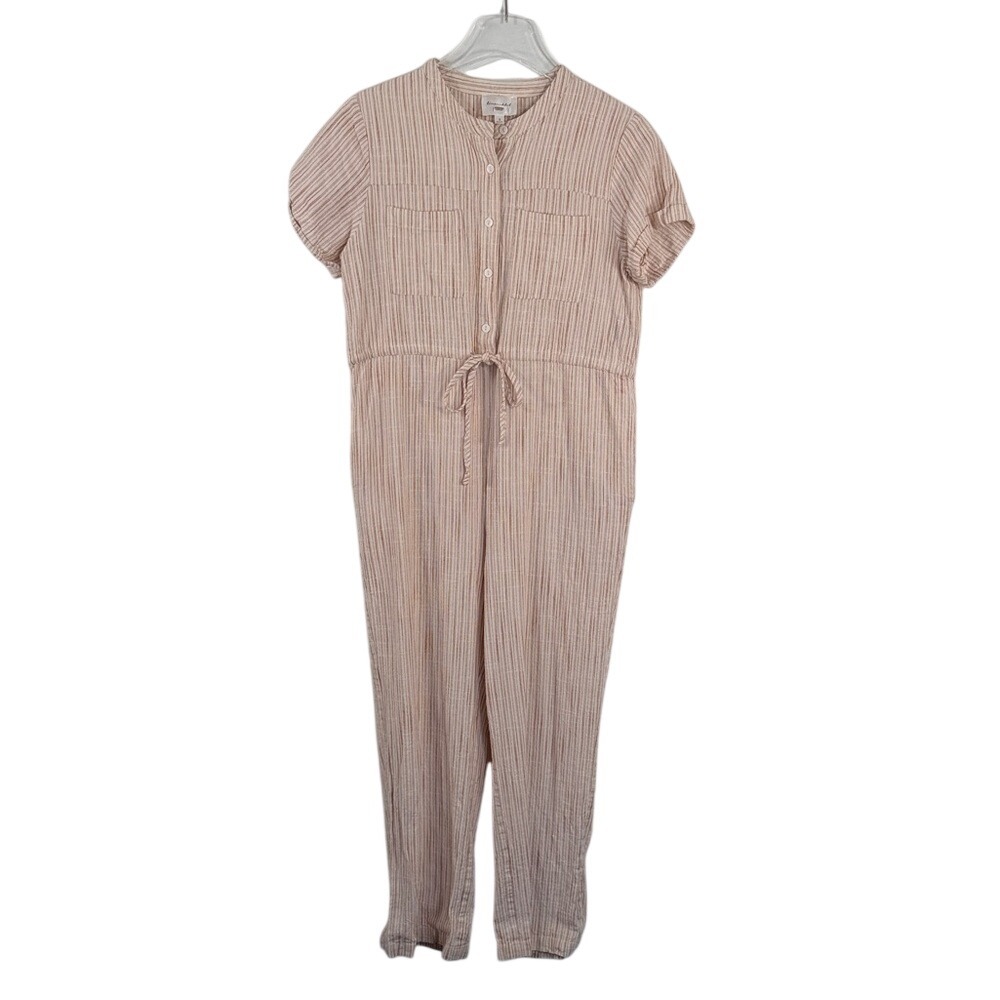 Line and Dot Striped Button Front Drawstring Waist Wide Leg Jumpsuit Small - Picture 2 of 11